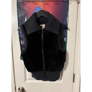 DKNY Jeans Womens Black Faux Fur Ribbed Knit Full Zip Vest Large Mixed Media